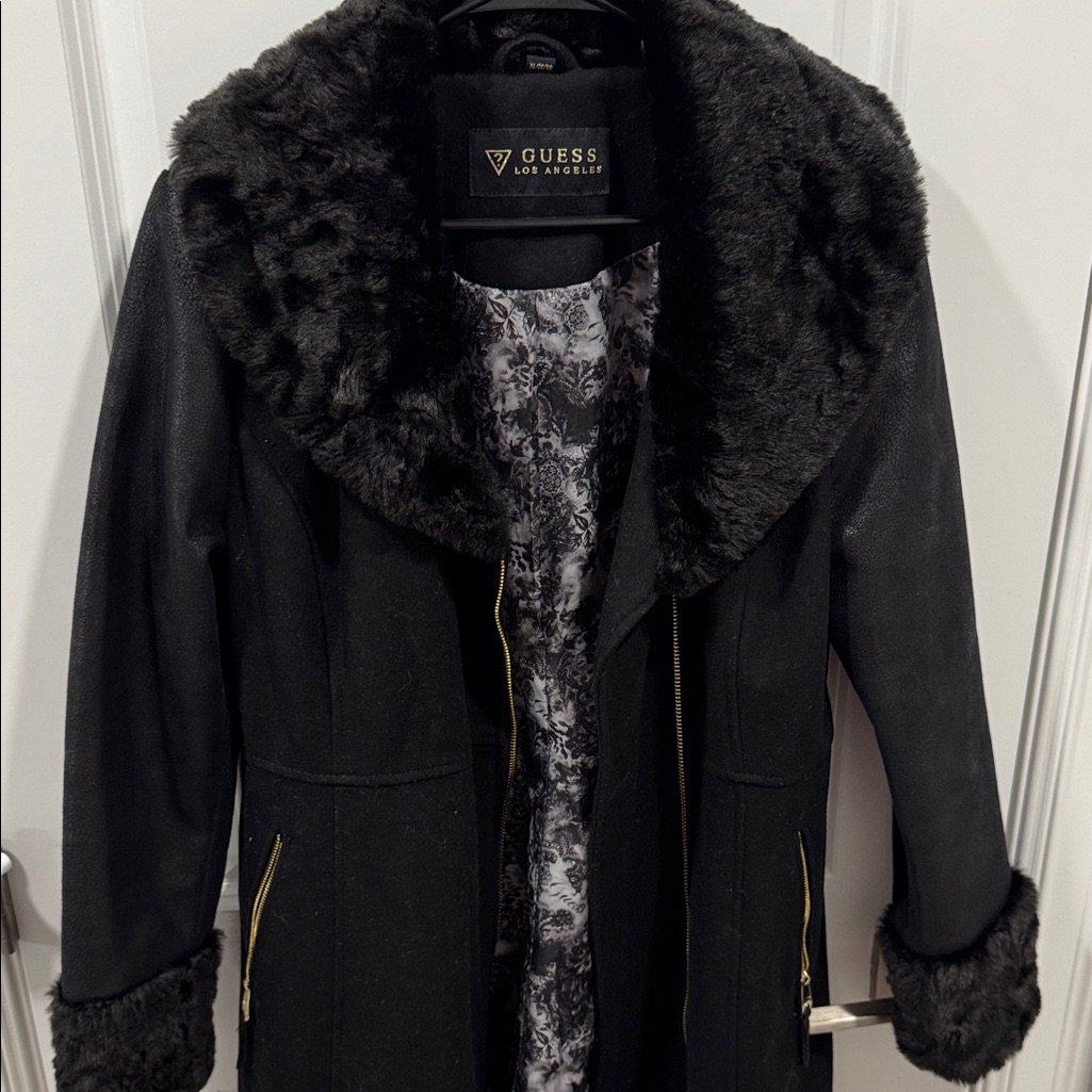 Guess Black Teddy Jacket With Faux Fur Trim